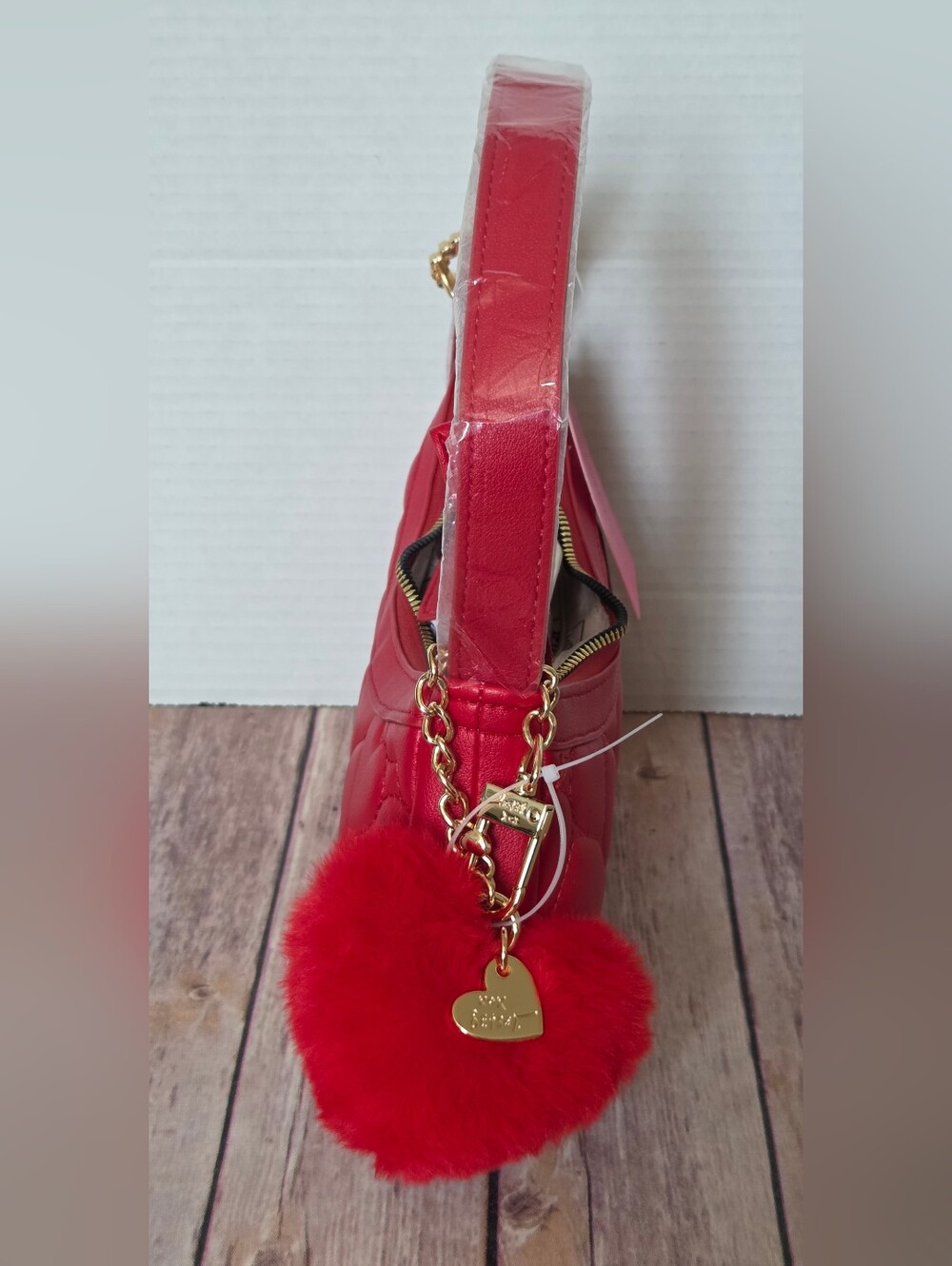 Betsey Johnson Red Quilted Heart Pom-Pom Shoulder Bag - Picture 3 of 16
